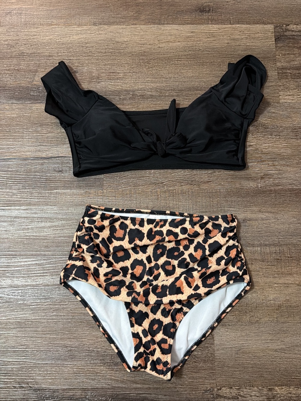 Women’s Black Knot-Front Bikini Top with Leopard High-Waist Bottom